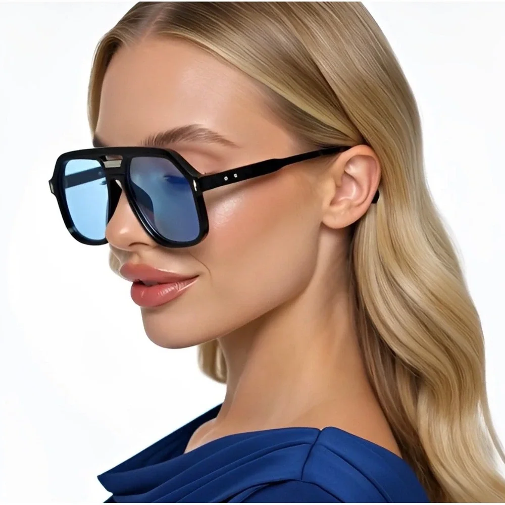 Black Oversize Square Aviator Sunglasses Blue Tinted Lens Flat Top Double Bridge